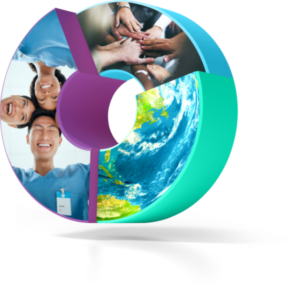 A 3D circle with three images showing the earth, people and diversity