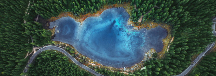 Looking at a lake, forest and road from above